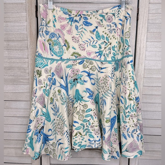 ECI (New York) 100% Silk Floral Print A-Line Skirt Ivory/Floral-8 - Picture 1 of 4